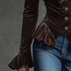 Velvet V-neck ruffled long sleeve blouse from Cocoa Brown featuring a stylish, feminine design and soft fabric.
