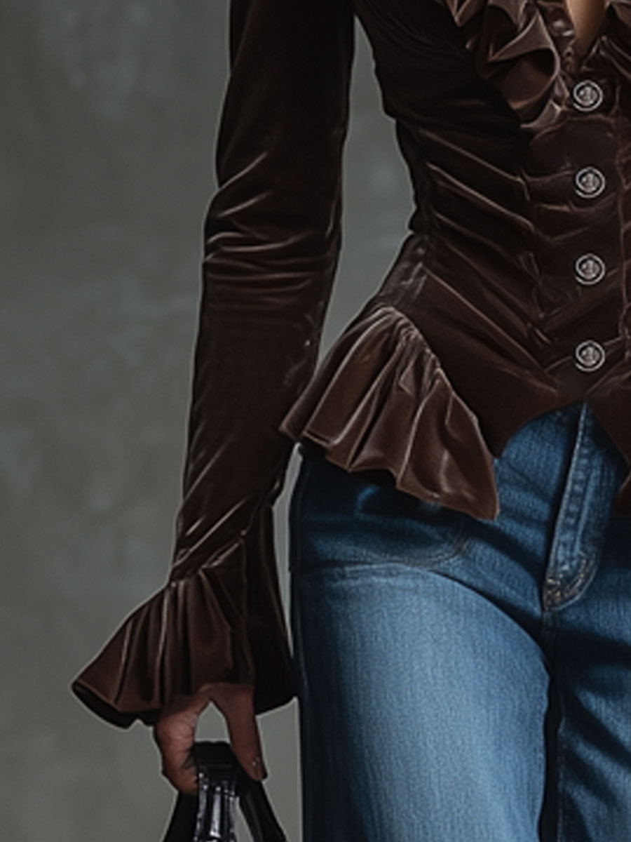 Velvet V-neck ruffled long sleeve blouse from Cocoa Brown featuring a stylish, feminine design and soft fabric.