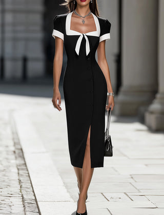 Black and white contrast trim midi dress from My Store, showing a fitted dress with sleek design and stylish trim details.
