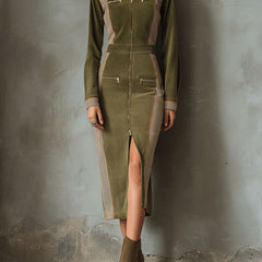 Olive green zip-up sleeveless midi dress with contrast panel details from My Store, shown on a model against a neutral background.