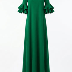 White off-the-shoulder maxi dress with half sleeves, loose fit, solid color, stylish and elegant for casual or formal wear.