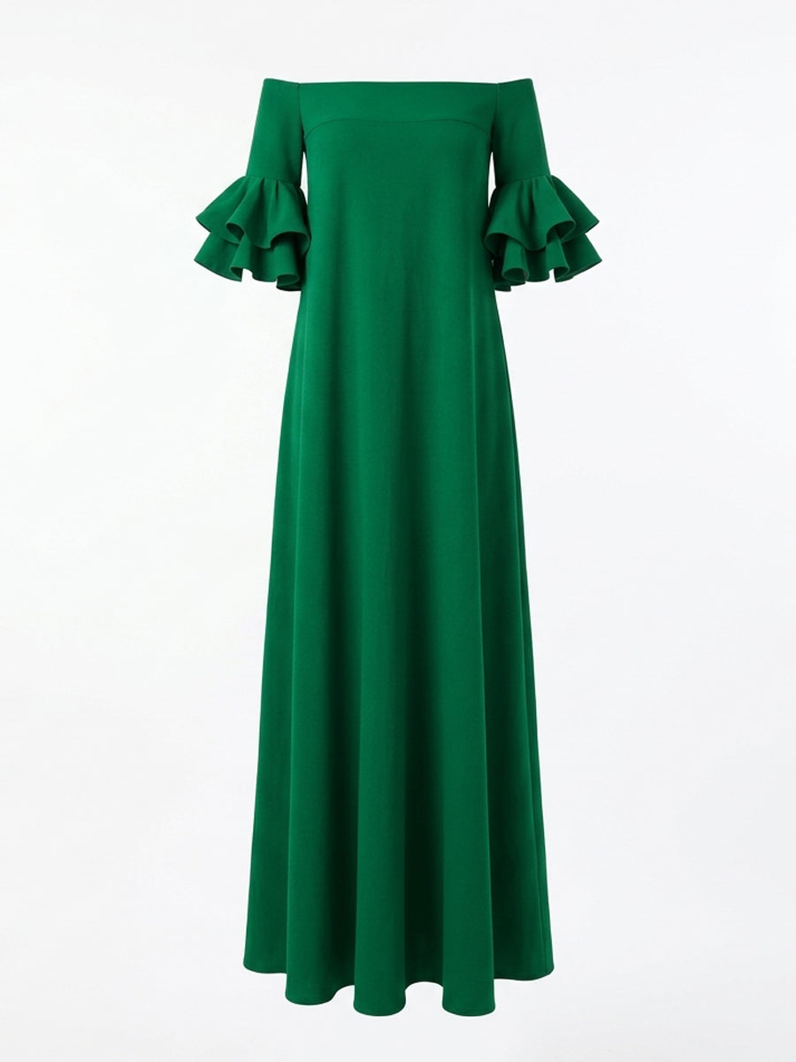 White off-the-shoulder maxi dress with half sleeves, loose fit, solid color, stylish and elegant for casual or formal wear.