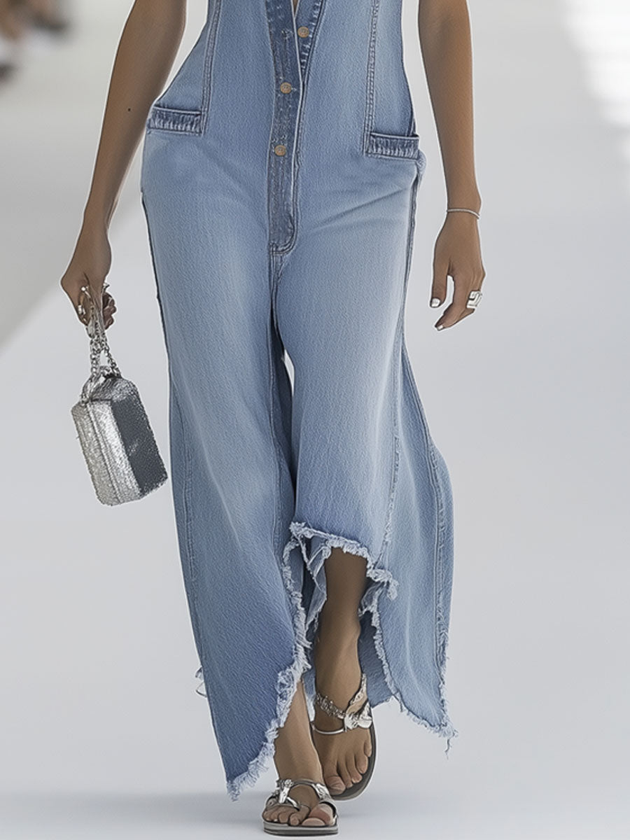 Light blue denim sleeveless wide-leg jumpsuit with raw edges, designed for women, featuring a stylish and relaxed fit.
