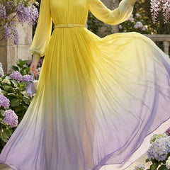 Long sleeved high-waisted maxi dress with belt, contrast color gradient, pleats, split joint, and round neck by My Store.