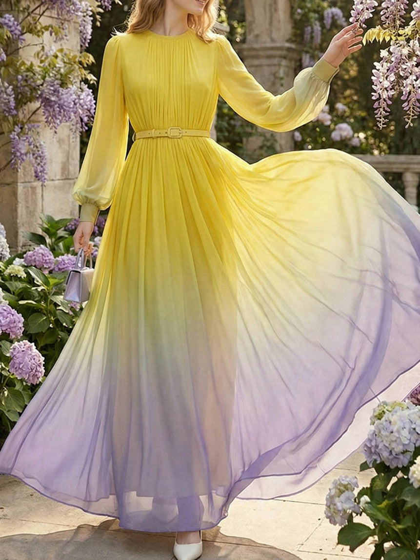 Long sleeved high-waisted maxi dress with belt, contrast color gradient, pleats, split joint, and round neck by My Store.