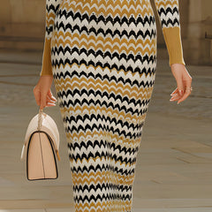 Retro chevron print polo-collar knit midi dress by My Store, perfect for summer business or casual occasions.
