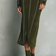 Olive green high-neck zip-up midi bodycon dress by My Store, featuring a fitted silhouette and long sleeves.