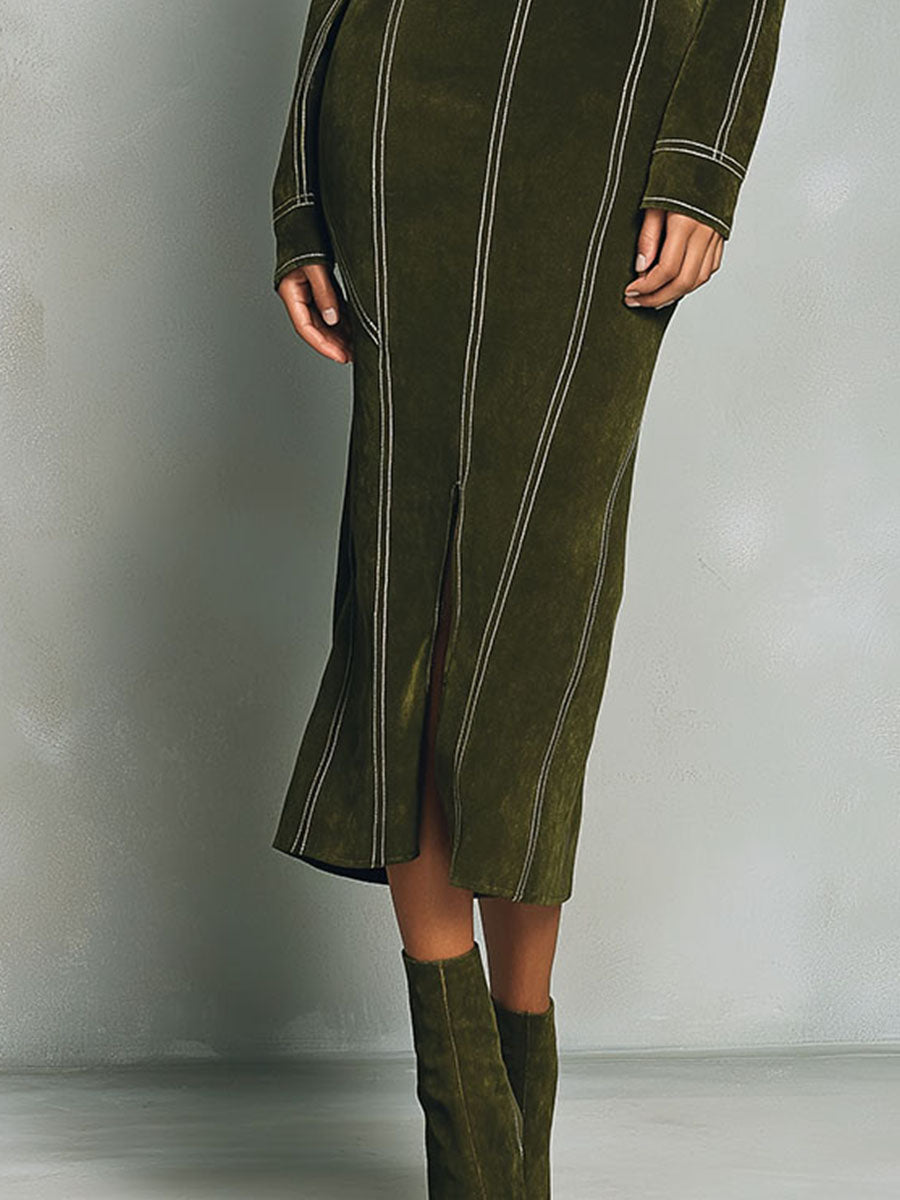 Olive green high-neck zip-up midi bodycon dress by My Store, featuring a fitted silhouette and long sleeves.