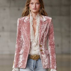 Pink velvet blazer for women with gold buttons, stylish jacket from the Jackets & Blazers collection.