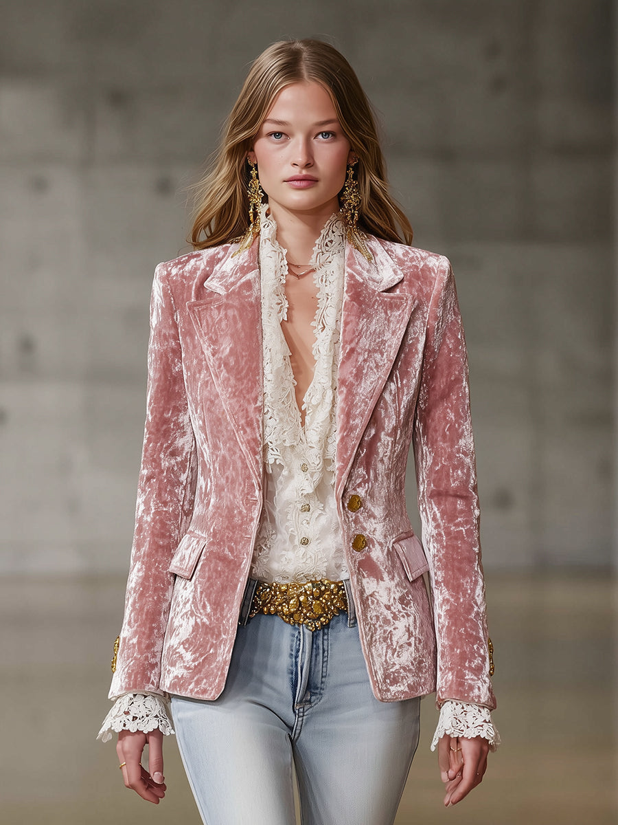 Pink velvet blazer for women with gold buttons, stylish jacket from the Jackets & Blazers collection.