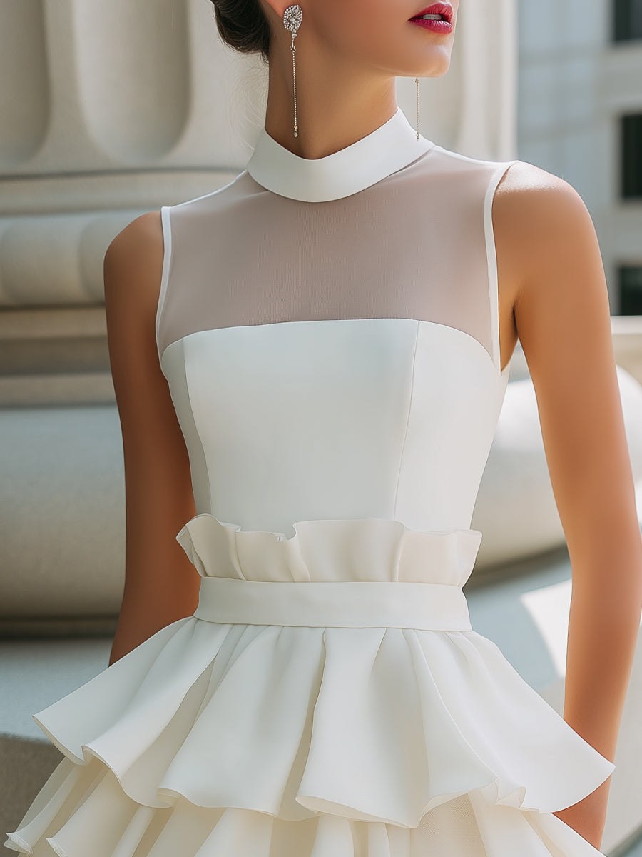 Tammy Bradley high-neck sheer-yoke tiered ruffle mini dress for women, featuring layered ruffles and a stylish, elegant design.