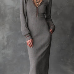 Ash taupe herringbone knit midi dress from My Store, bohemian style with long sleeves and a relaxed fit.