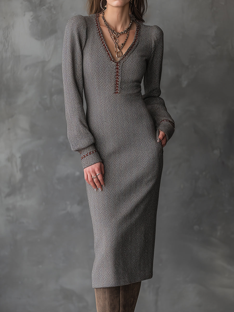 Ash taupe herringbone knit midi dress from My Store, bohemian style with long sleeves and a relaxed fit.