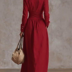 High waisted long sleeve maxi dress with buttoned pleated pockets and split-joint lapel in solid color, from My Store.