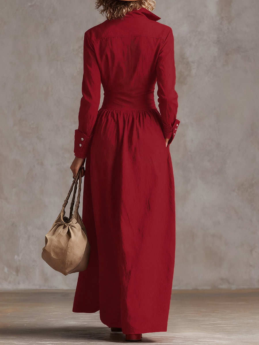 High waisted long sleeve maxi dress with buttoned pleated pockets and split-joint lapel in solid color, from My Store.