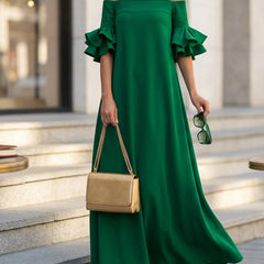 White loose-fit off-the-shoulder maxi dress with half sleeves, featuring a solid color design by My Store.