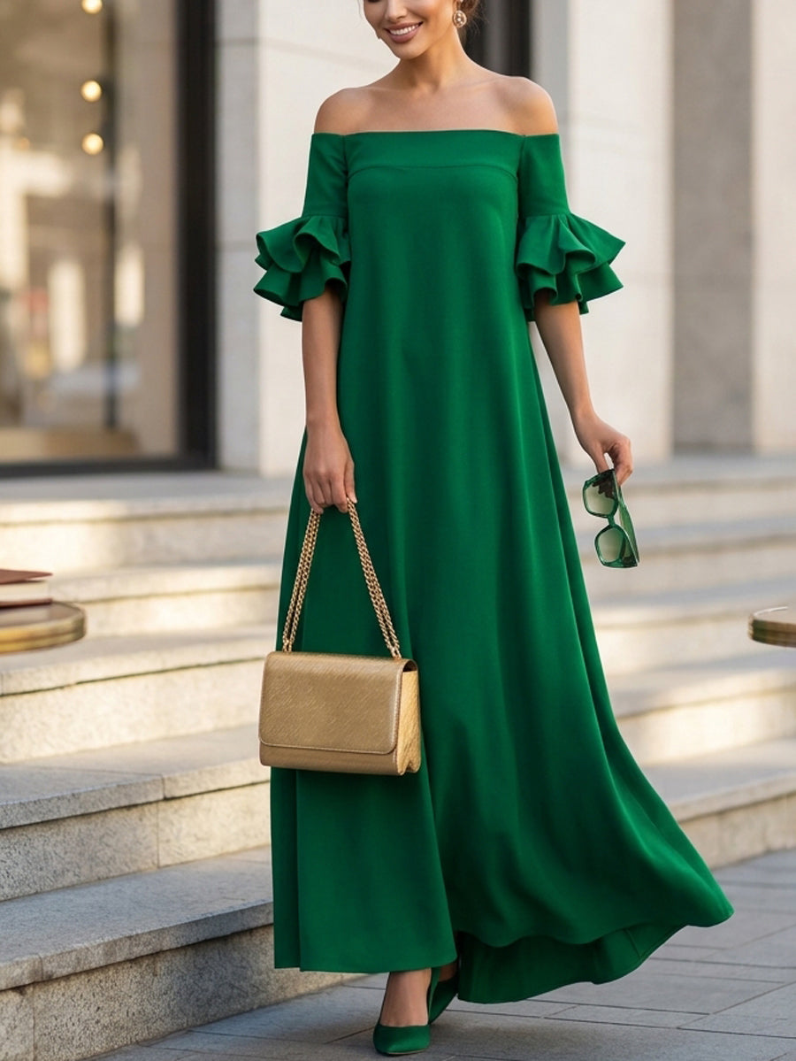 White loose-fit off-the-shoulder maxi dress with half sleeves, featuring a solid color design by My Store.