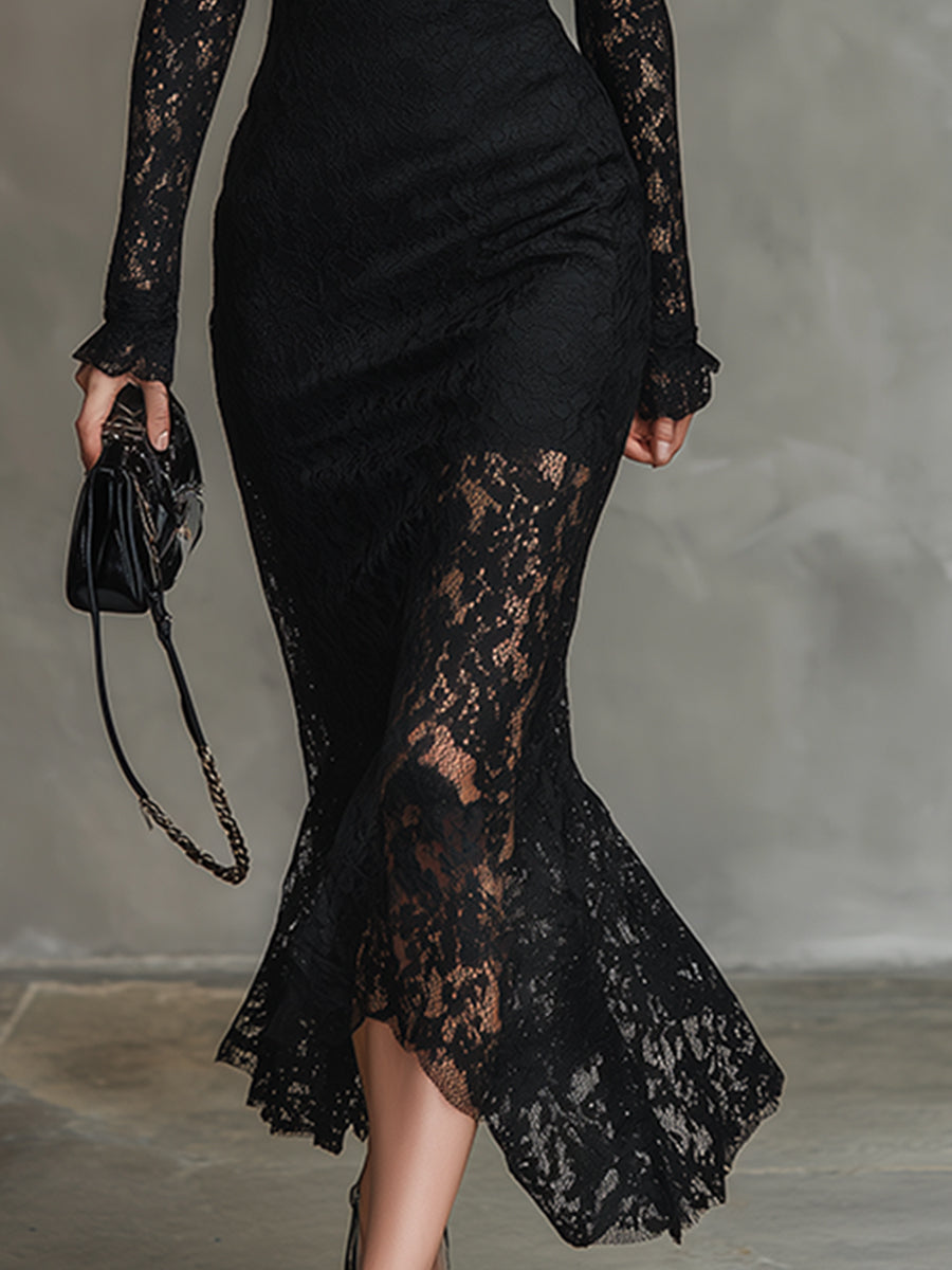 Black lace fishtail maxi dress, elegant evening dress with intricate lace details, form-fitting silhouette, perfect for formal occasions.