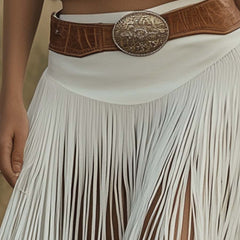 White suede tassel casual dress from My Store featuring a flowy silhouette and decorative tassels on the hem.