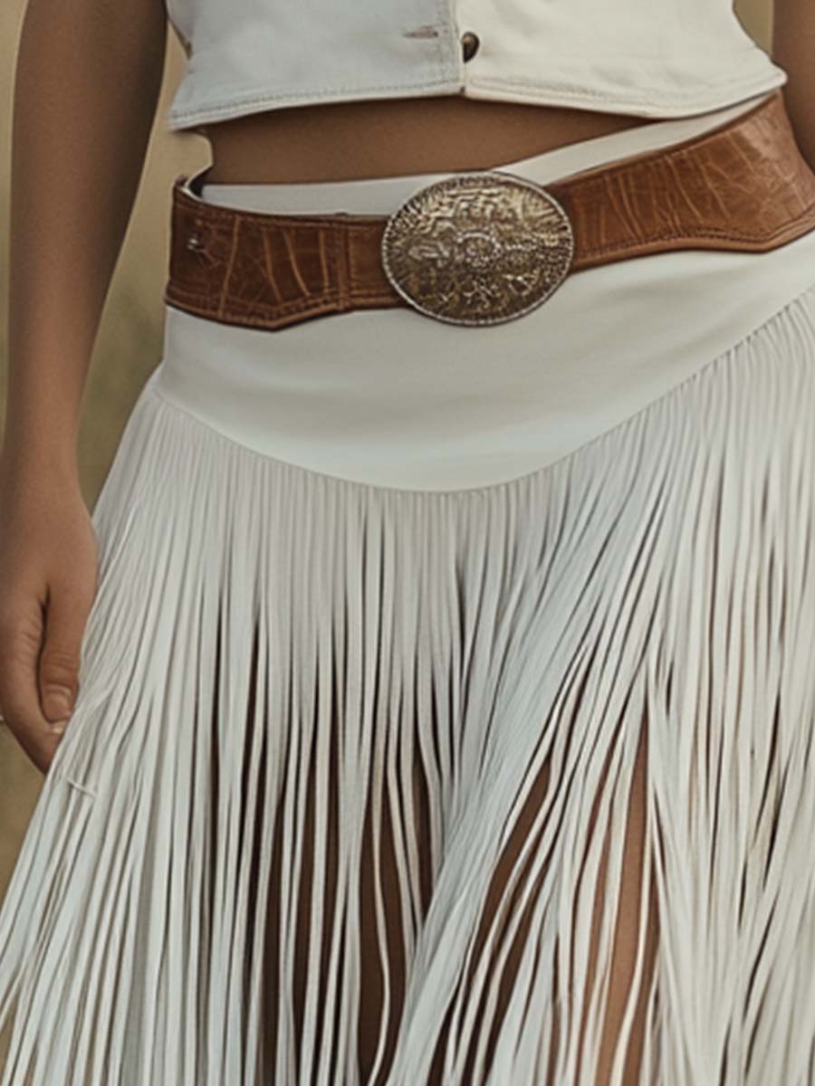 White suede tassel casual dress from My Store featuring a flowy silhouette and decorative tassels on the hem.