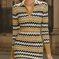 Retro chevron print polo-collar knit midi dress from My Store, perfect for summer business wear, featuring a stylish and comfortable design.