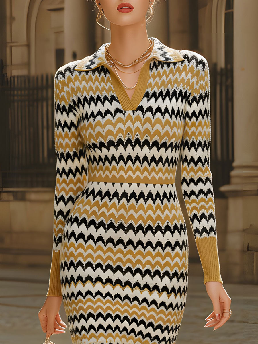 Retro chevron print polo-collar knit midi dress from My Store, perfect for summer business wear, featuring a stylish and comfortable design.