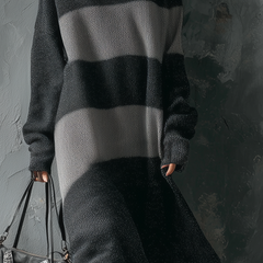 My Store retro round-neck contrast knitted midi dress with long sleeves, featuring a stylish design perfect for special occasions.