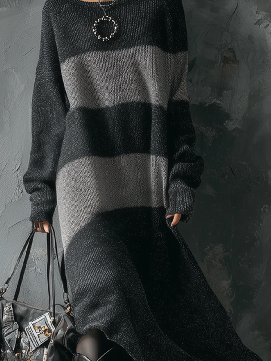 My Store retro round-neck contrast knitted midi dress with long sleeves, featuring a stylish design perfect for special occasions.