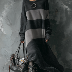 My Store retro round-neck contrast knitted midi dress, stylish occasion dress with fitted silhouette and bold color block design.