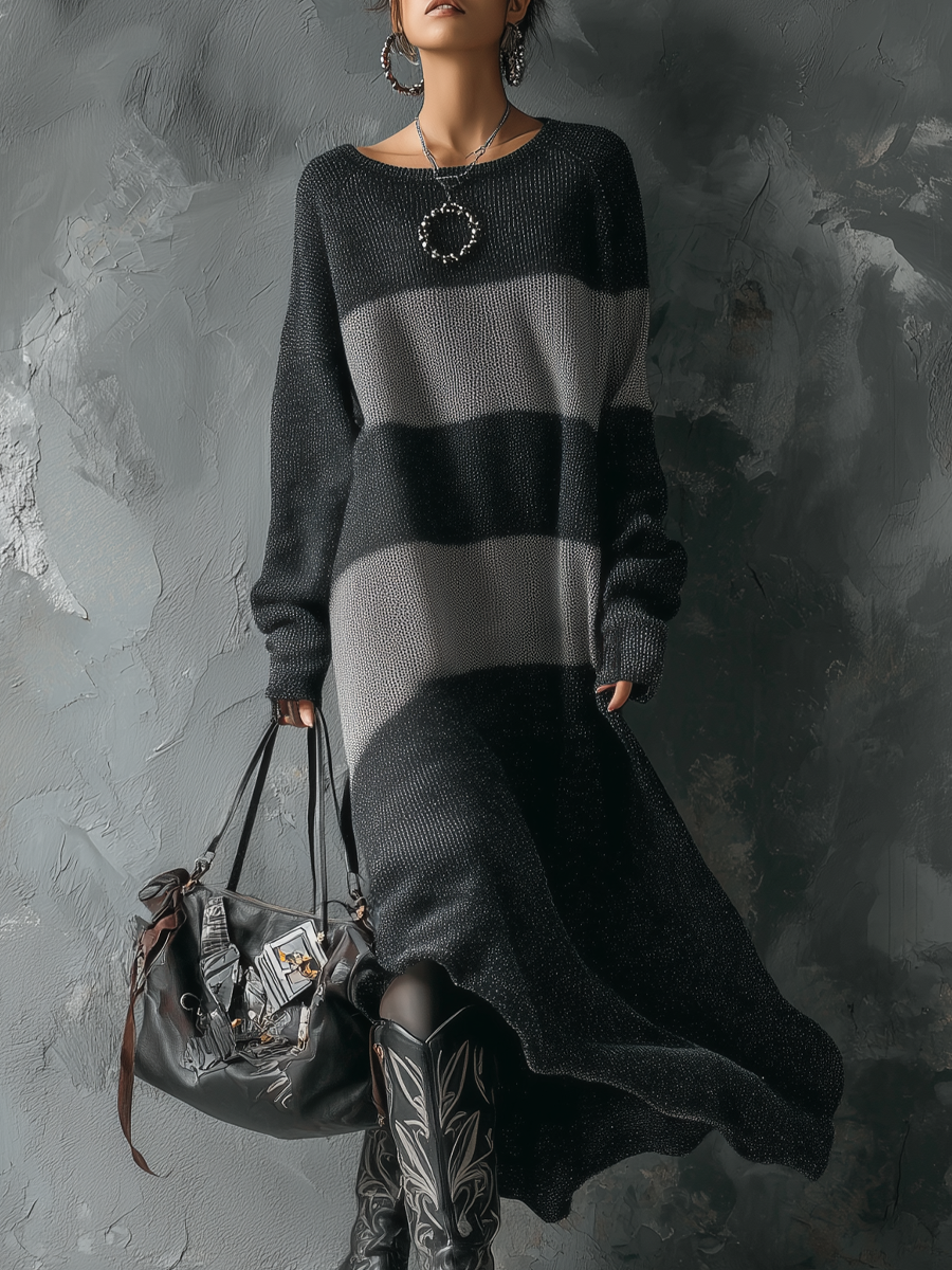 My Store retro round-neck contrast knitted midi dress, stylish occasion dress with fitted silhouette and bold color block design.