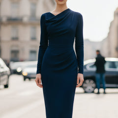 Navy draped long-sleeve midi dress by My Store featuring a sleek, elegant summer business dress style with flowing fabric.