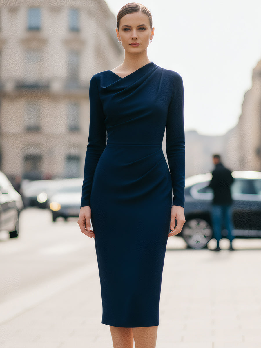 Navy draped long-sleeve midi dress by My Store featuring a sleek, elegant summer business dress style with flowing fabric.