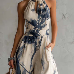 White ink wash print women's halter neck wide-leg jumpsuit with pockets, stylish and comfortable pants from My Store.