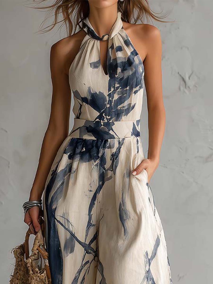White ink wash print women's halter neck wide-leg jumpsuit with pockets, stylish and comfortable pants from My Store.