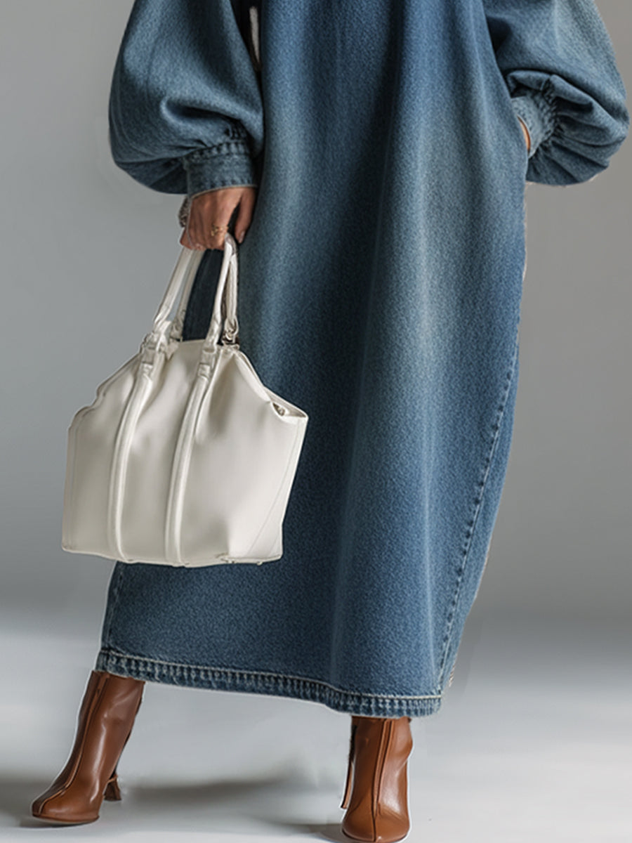 Blue denim maxi dress by My Store featuring a flowing silhouette, perfect for evening wear, with a stylish and casual look.