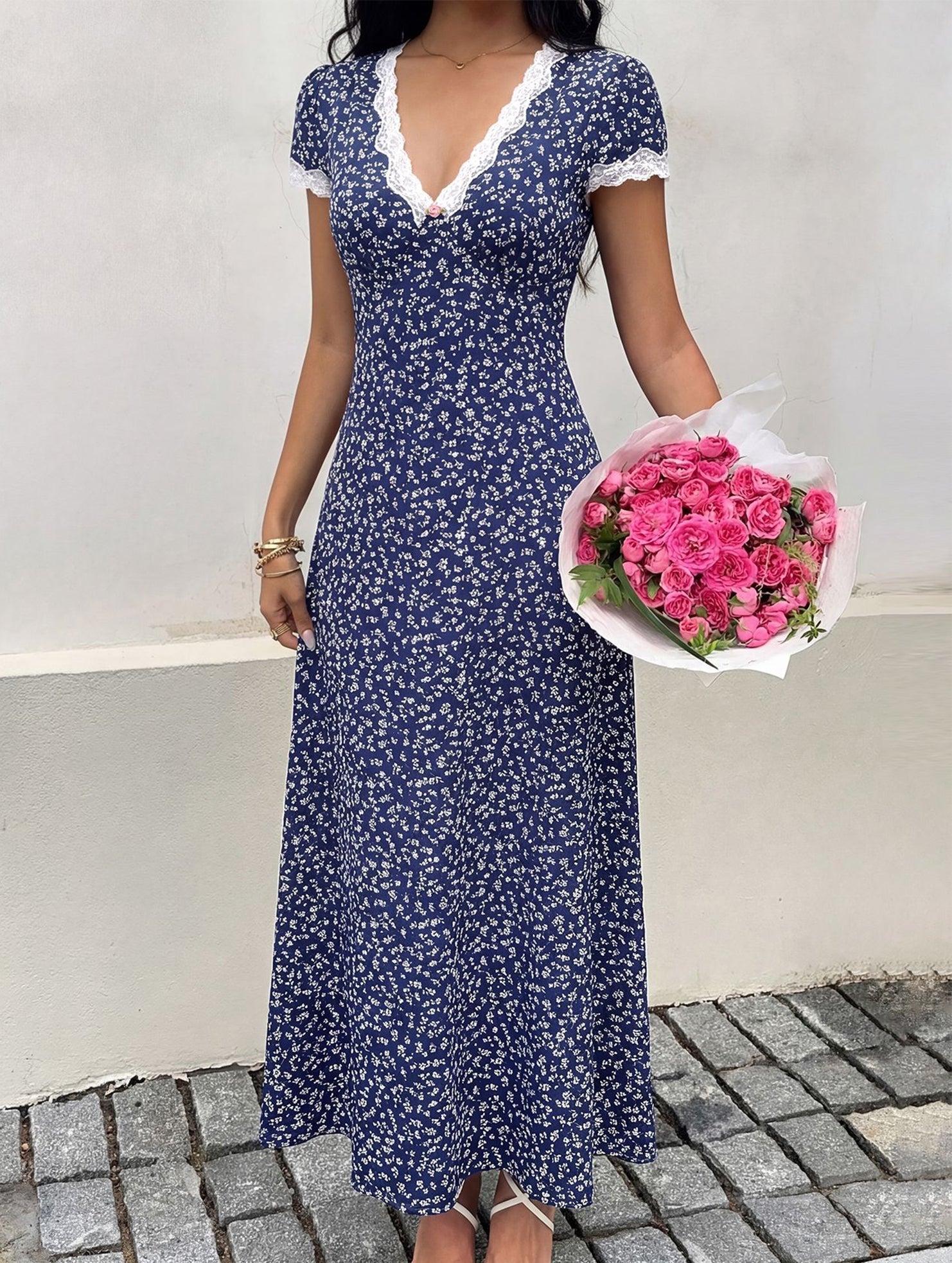 White lace patch floral V-neck maxi dress from My Store featuring elegant floral embroidery and flowing fabric.