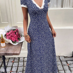 White Lace Patch Floral V Neck Maxi Dress from My Store, featuring intricate lace details and a flowing silhouette.