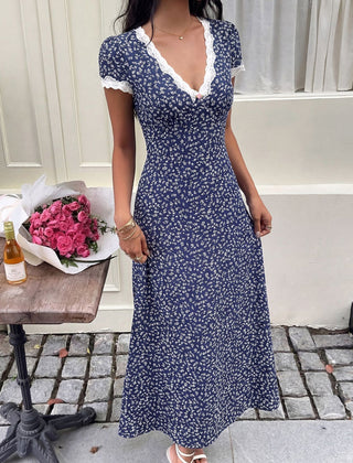 White Lace Patch Floral V Neck Maxi Dress from My Store, featuring intricate lace details and a flowing silhouette.