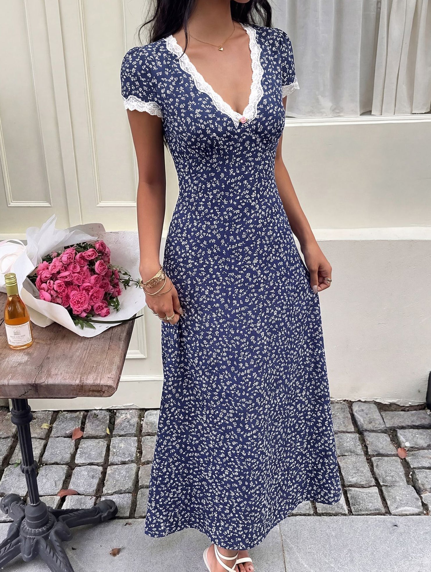 White Lace Patch Floral V Neck Maxi Dress from My Store, featuring intricate lace details and a flowing silhouette.