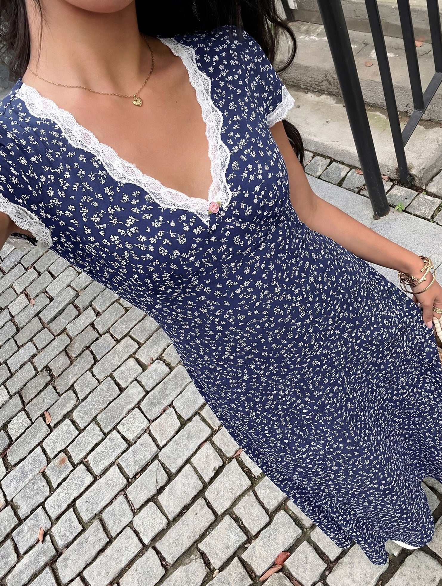 White lace patch floral V neck maxi dress with long sleeves and flowing skirt, elegant women's dress from My Store.