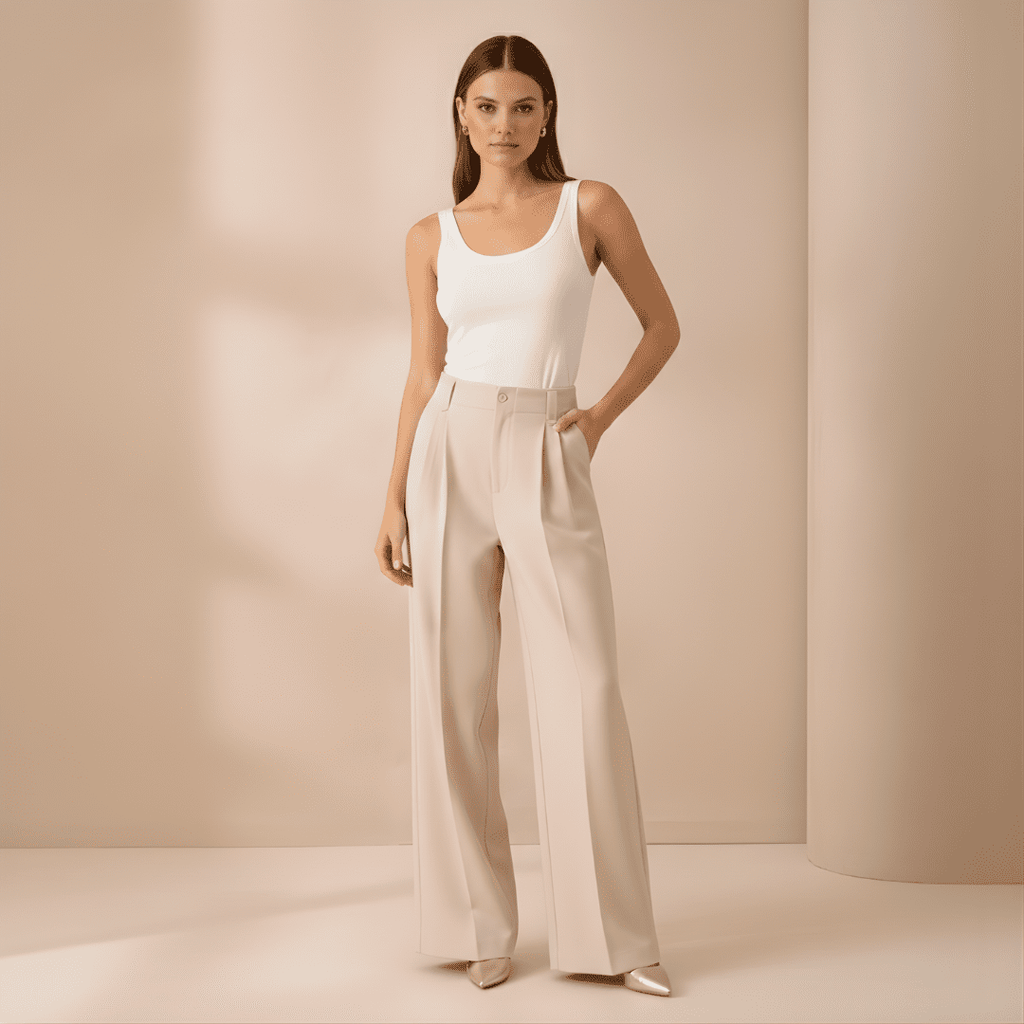 Beige women's high-waist wide-leg tailored pants by Tammy Bradley, styled with a smooth fit and classic wide-leg design.