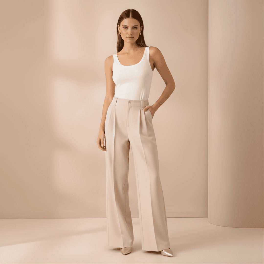 Beige women's high-waist wide-leg tailored pants by Tammy Bradley, styled with a smooth fit and classic wide-leg design.