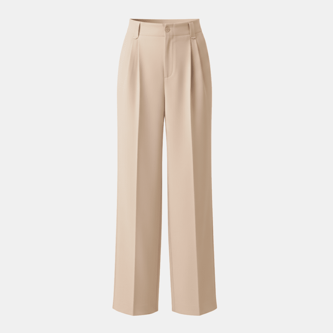 Beige women's tailored high-waist wide-leg trousers by Tammy Bradley, styled with a smooth fit and elegant silhouette.