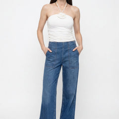 Blue denim wide-leg women's jeans by My Store, relaxed fit pants with a casual, comfortable style shown in the image.