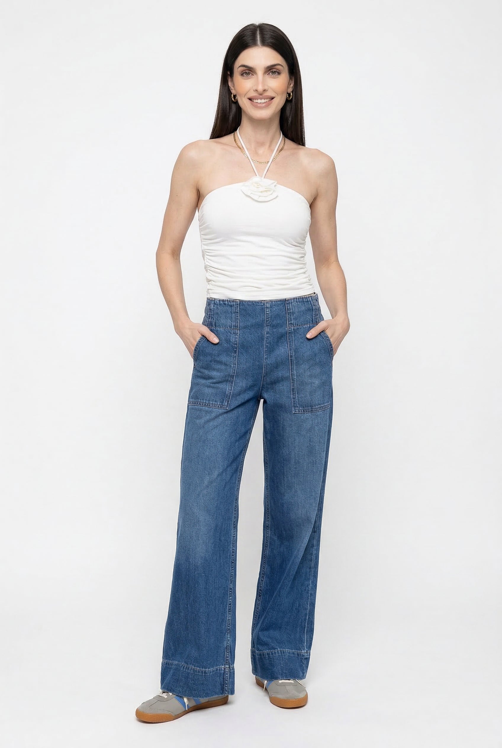 Blue denim wide-leg women's jeans by My Store, relaxed fit pants with a casual, comfortable style shown in the image.