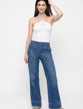 Blue denim wide-leg jeans for women, relaxed fit, stylish casual pants from My Store, shown on a model in a natural pose.