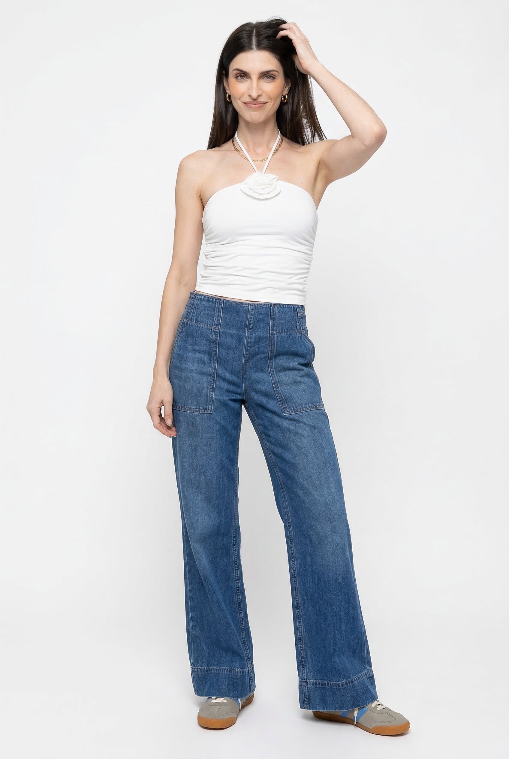Blue denim wide-leg jeans for women, relaxed fit, stylish casual pants from My Store, shown on a model in a natural pose.