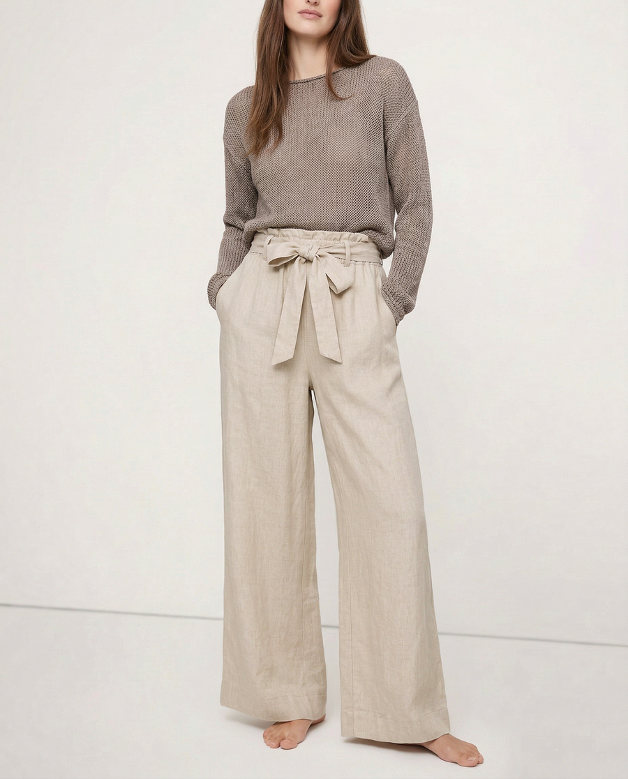 Linen wide-leg trousers for women with a loose fit and pull-on style, showcasing soft fabric and relaxed silhouette.
