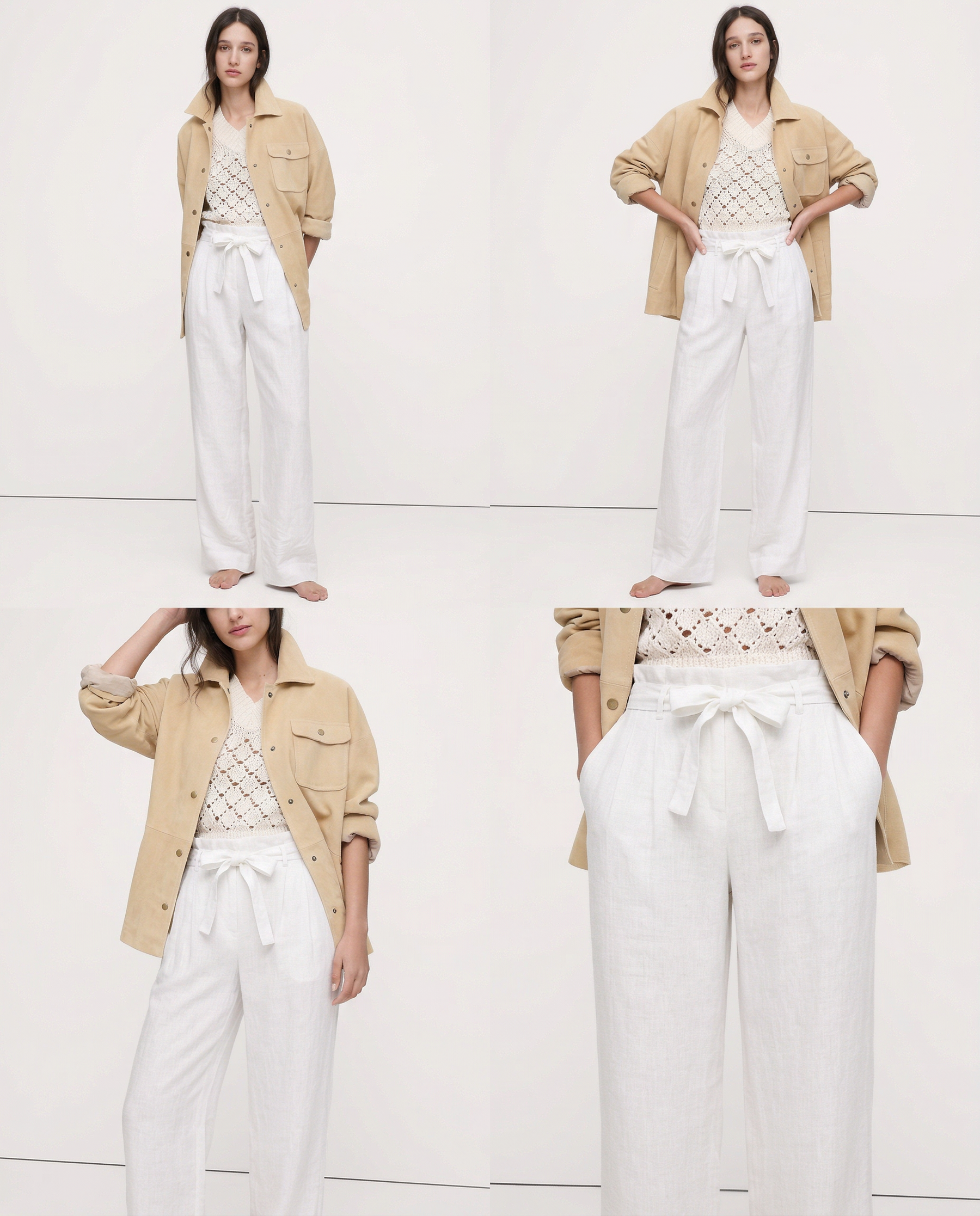 Light beige linen wide-leg trousers for women, loose pull-on style, showcasing soft fabric and relaxed fit.
