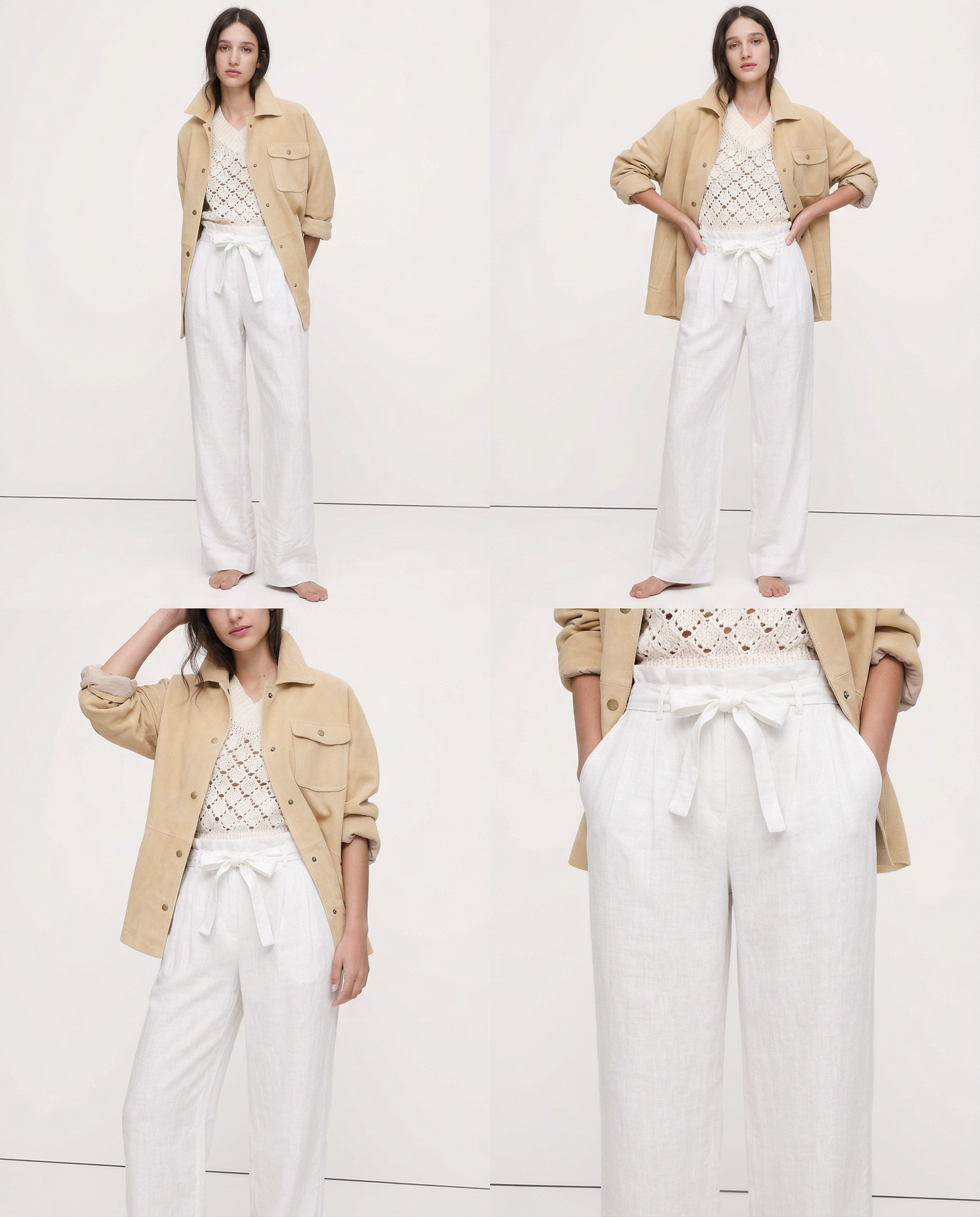 Light beige linen wide-leg trousers for women, loose pull-on style, showcasing soft fabric and relaxed fit.